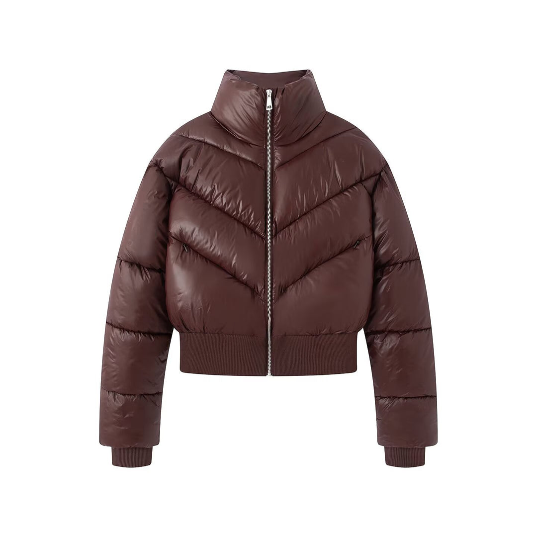 Damen Cropped Pufferjacke mit hohem Stehkragen und breitem Rippenbund Echoarchiv
