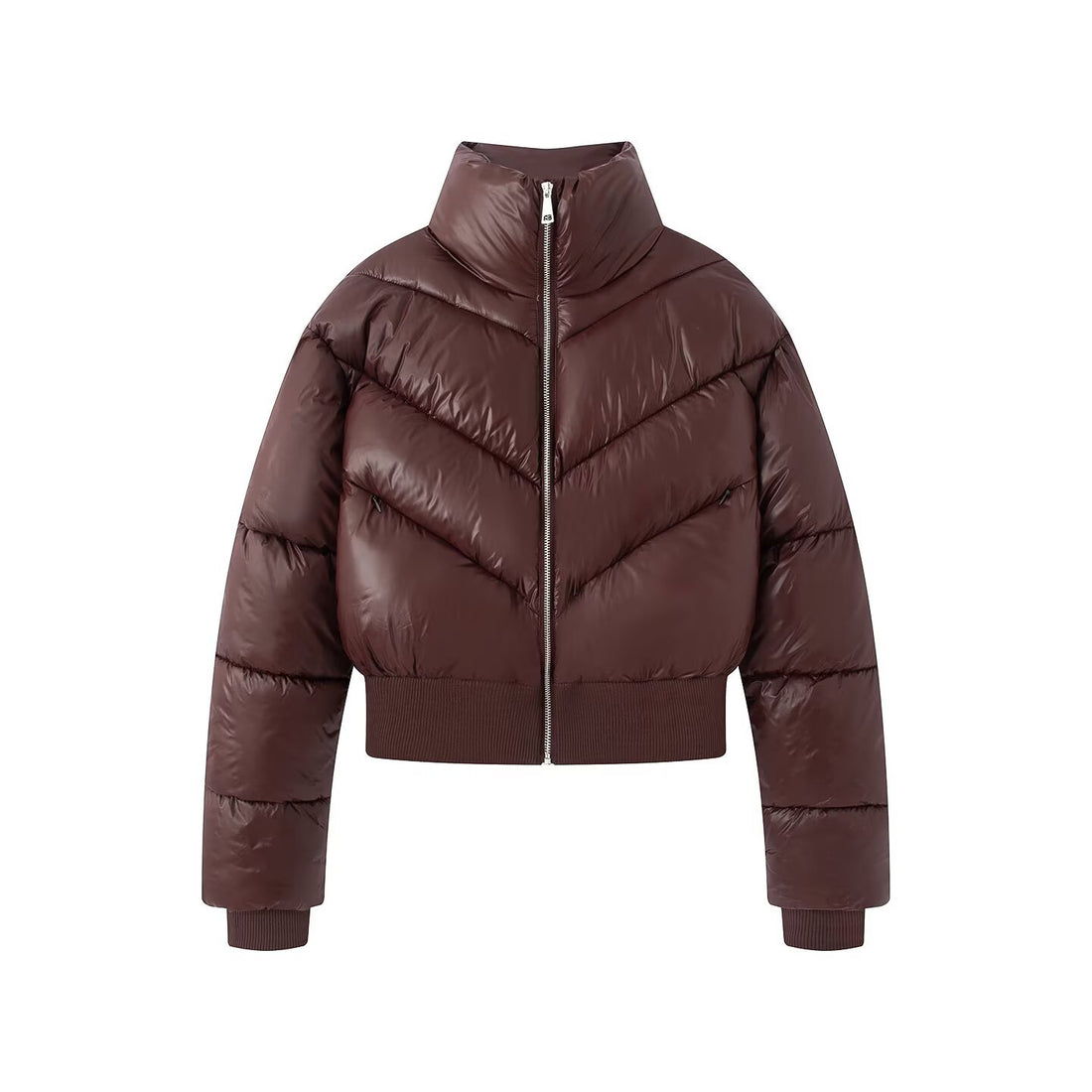 Damen Cropped Pufferjacke mit hohem Stehkragen und breitem Rippenbund Echoarchiv