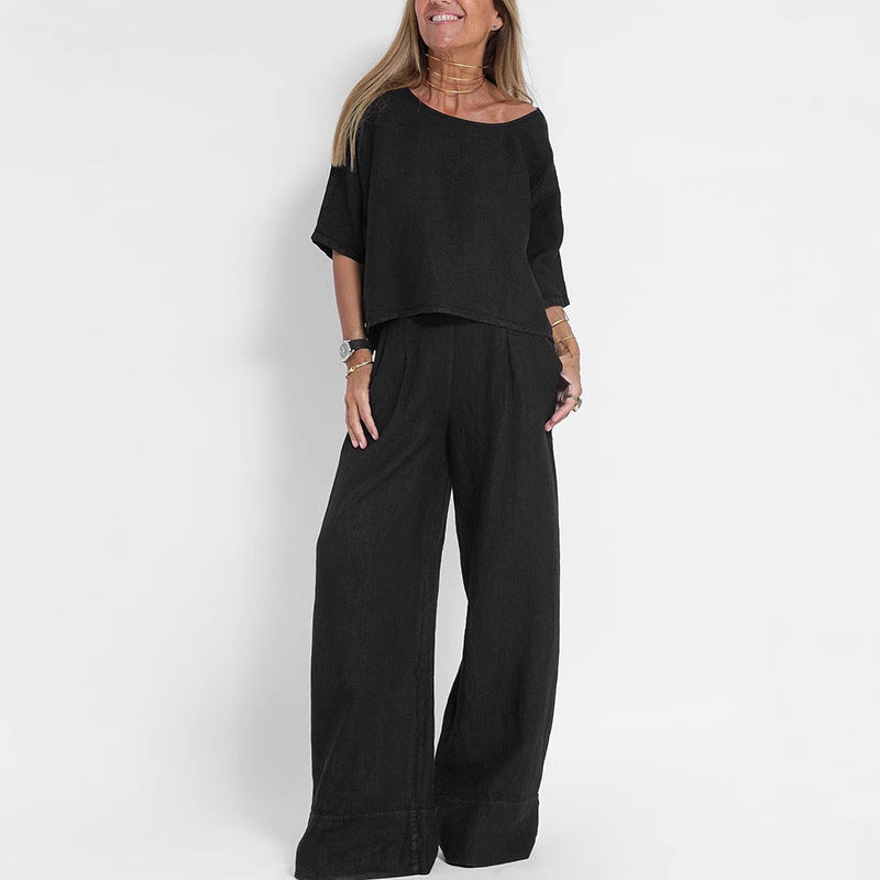 Damen luftiges Leinen-Ensemble mit weitem Schnitt und praktischen Taschen Echoarchiv