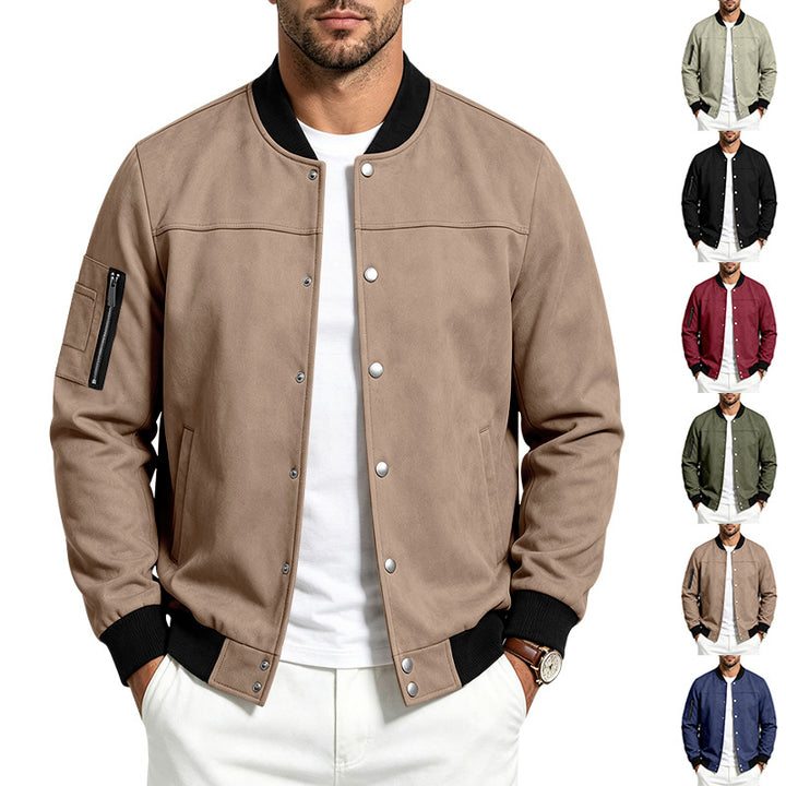 Herren Veloursleder‑Optik Bomberjacke mit Druckknopfleiste, Ärmeltasche und Rippbündchen – Brevano