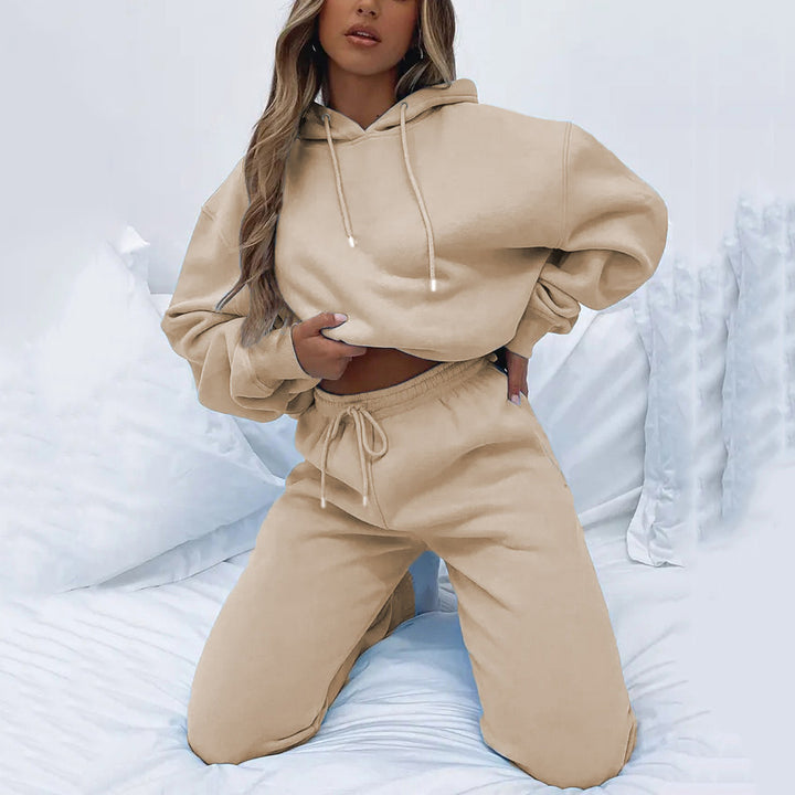 Damen nan Cropped Kapuzenjacke und High-Waist Jogginghose Set aus French Terry mit elastischem Bund Echo Archiv