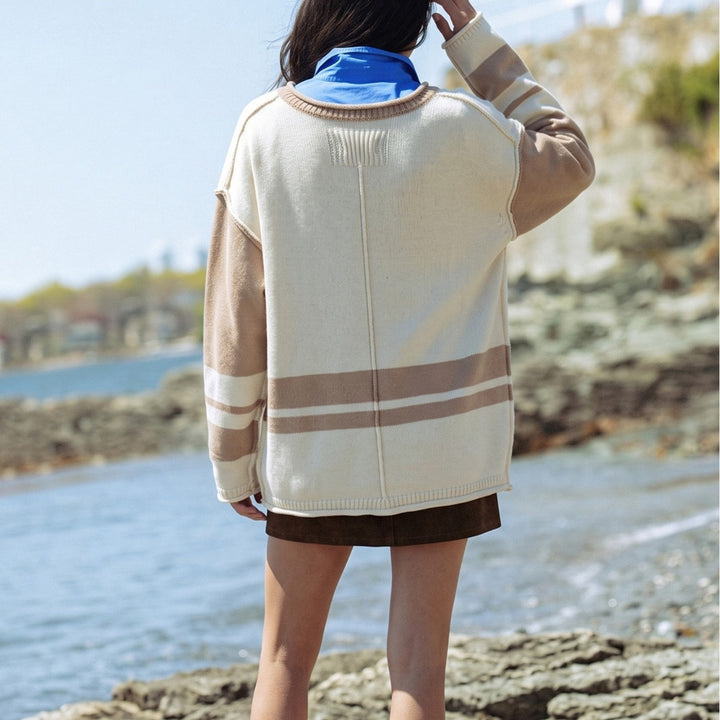 Damen Grobstrick-Pullover mit Paillettenstreifen, Oversize-Schnitt & Rundhalsausschnitt Echoarchiv