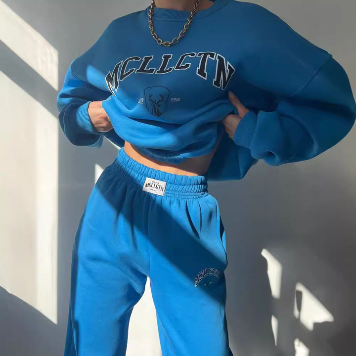 Damen Oversized College-Sweatshirt und High-Waist-Jogger-Set aus French-Terry Echoarchiv
