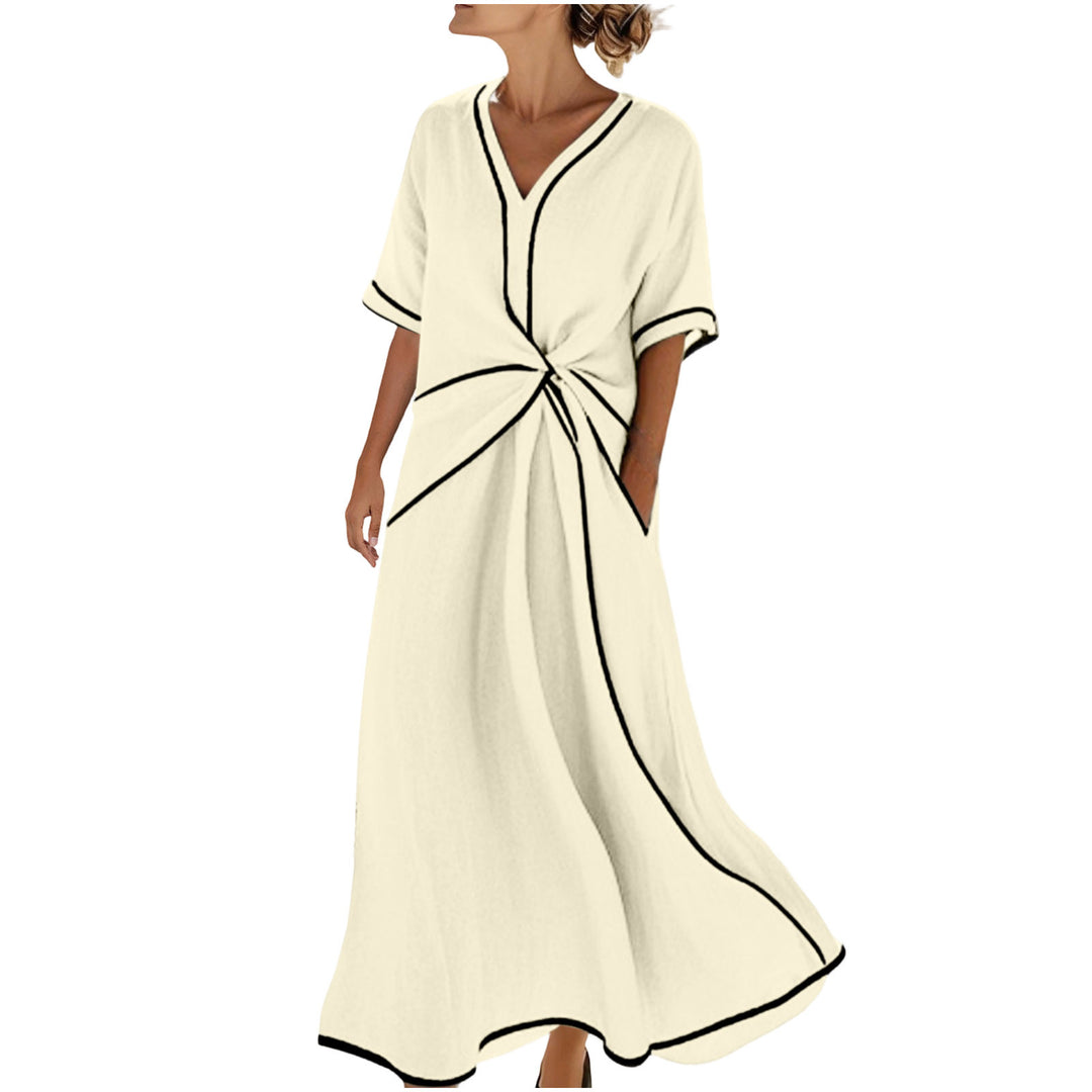 Damen Langes A-Linienkleid mit V‑Ausschnitt, Knoten-Detail und Kontrastpaspel – Élara
