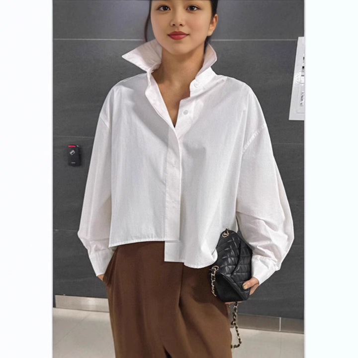 Damen Asymmetrische Cropped-Bluse aus Baumwoll-Popeline im Oversize-Schnitt Echoarchiv