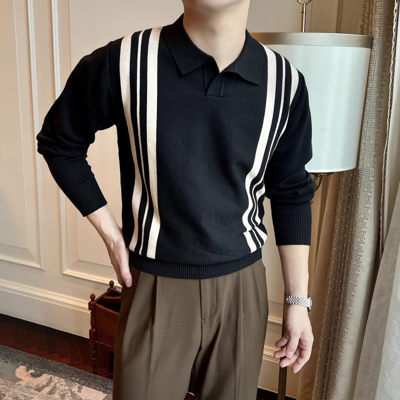 Herren Polokragen-Strickpullover mit markanten Längsstreifen und schmaler Passform Echoarchiv