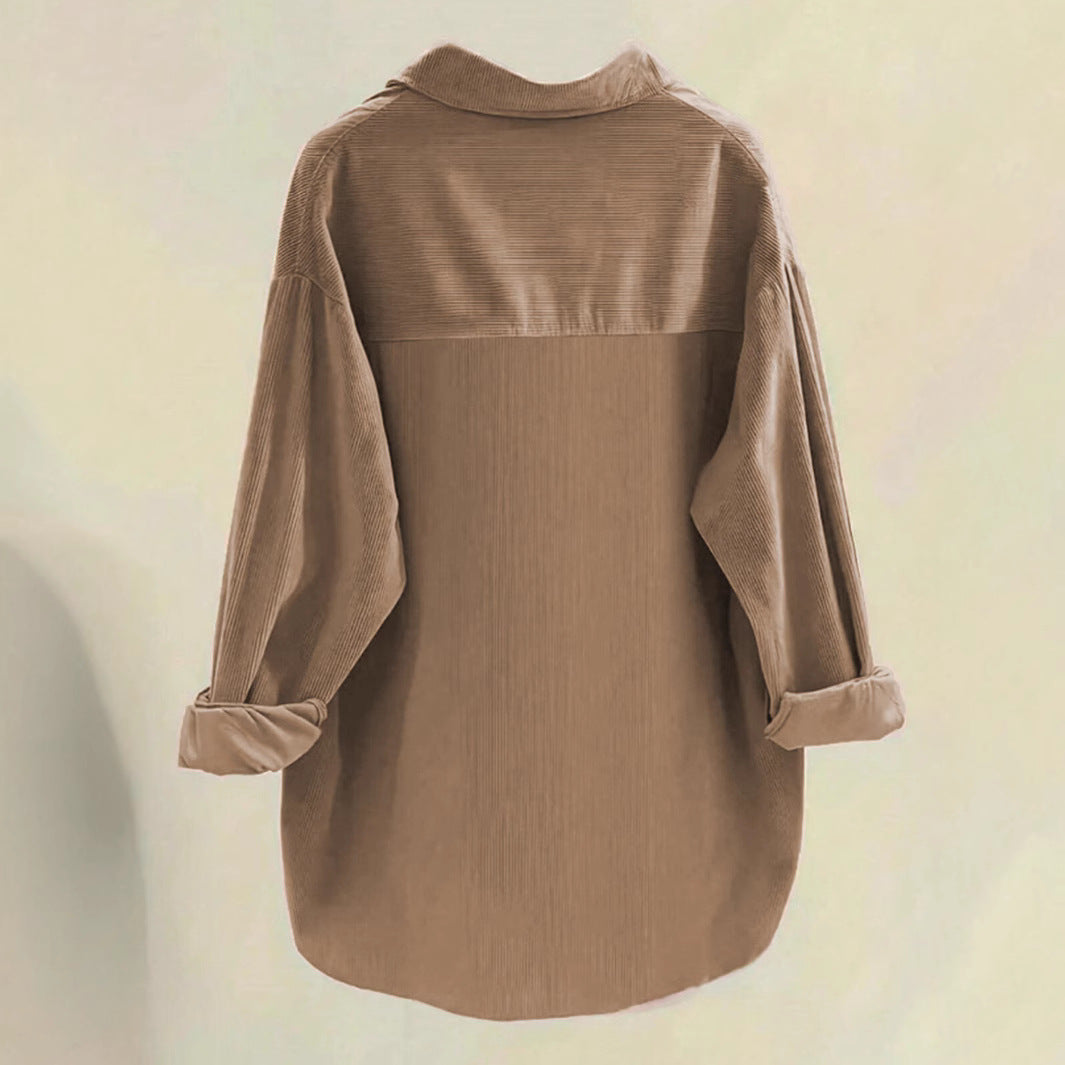 Damen Oversize-Cordhemd mit Brusttaschen & abgerundetem Saum – Avérine