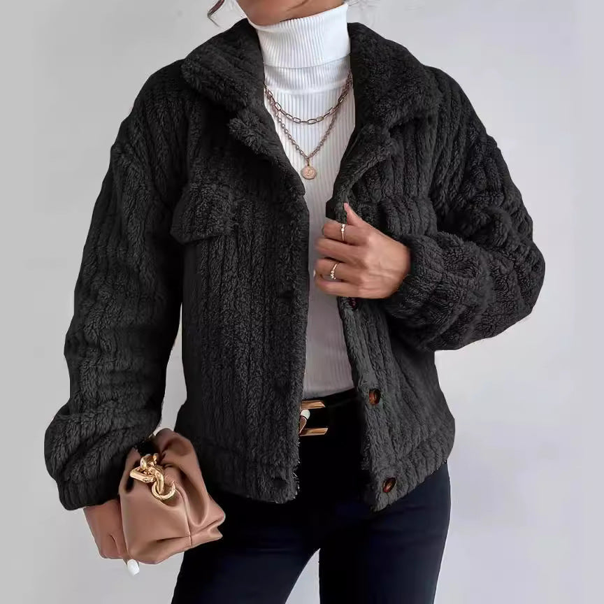 Damen nan kuschelige Teddyjacke mit Hemdkragen, Druckknopfverschluss und aufgesetzten Brusttaschen Echo Archiv