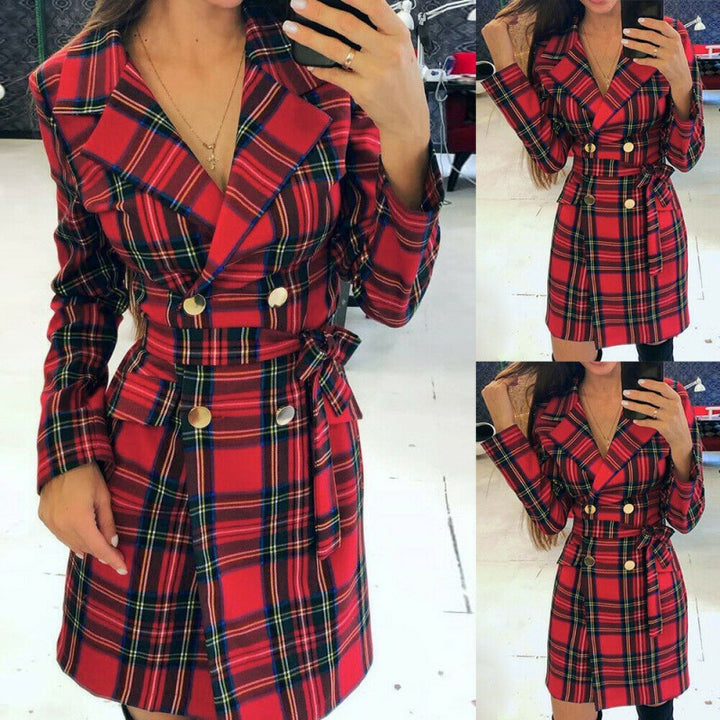 Damen Karierter Doppelreihiger Trenchcoat mit Taillengürtel – Avérine