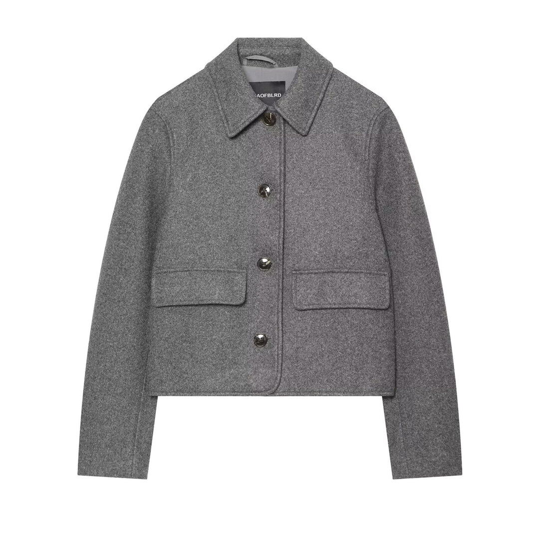 Damen Kurzer boxy Wollblouson mit Hemdkragen und Pattentaschen Echo Archiv