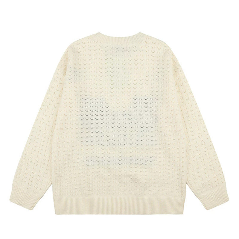 Damen Oversize Strickpullover mit Jacquard-Katzenmotiv und musikalischem Design Echoarchiv