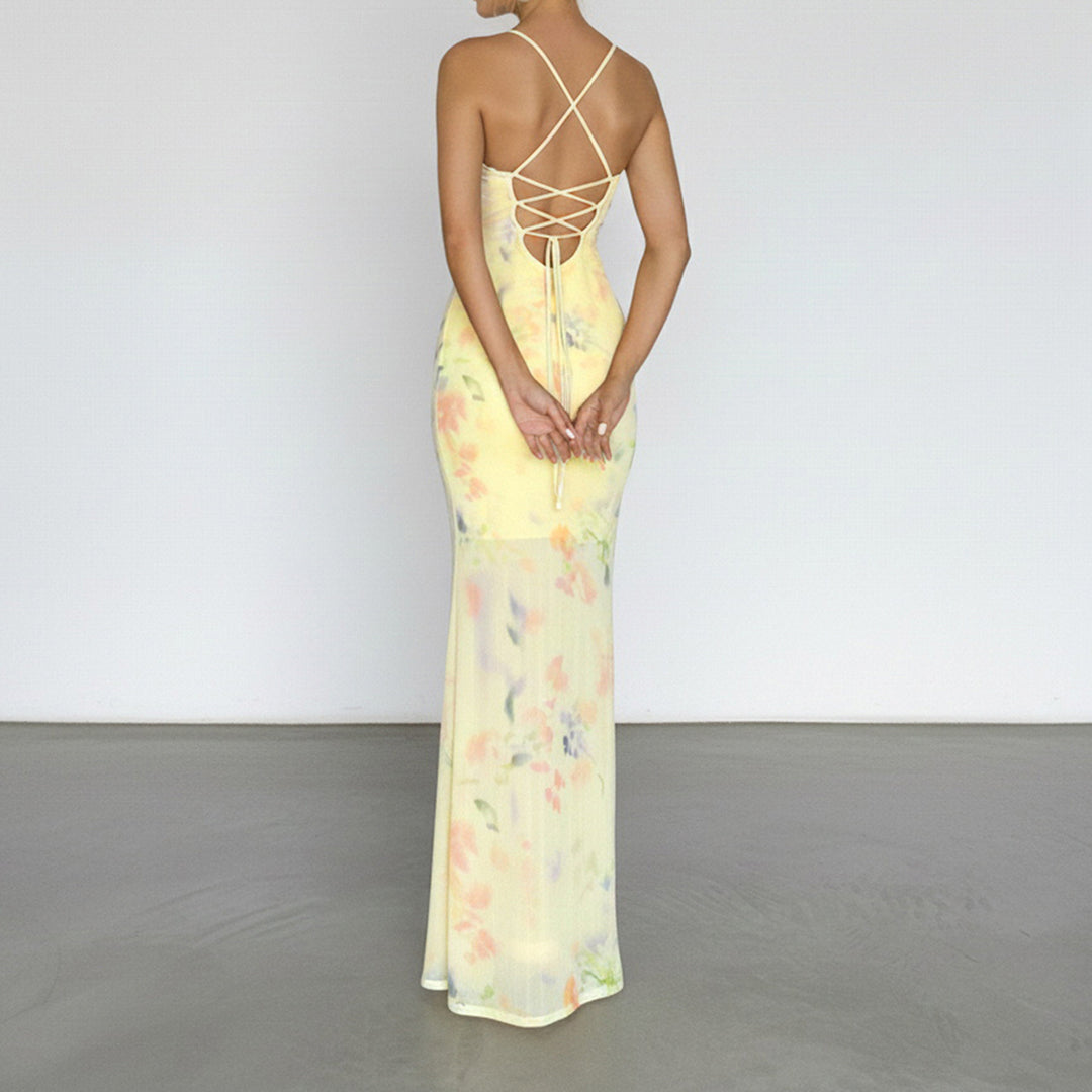 Damen Blumen Maxikleid mit raffinierten Spaghettiträgern und Spitzen-Akzenten Echo Archiv