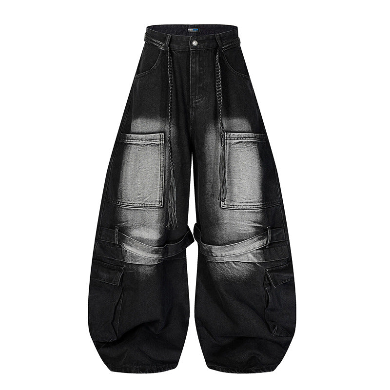 Damen Weite Denim-Cargo-Hose im Balloon-Schnitt mit großen Aufsatztaschen und geflochtenem Gürtel Echoarchiv