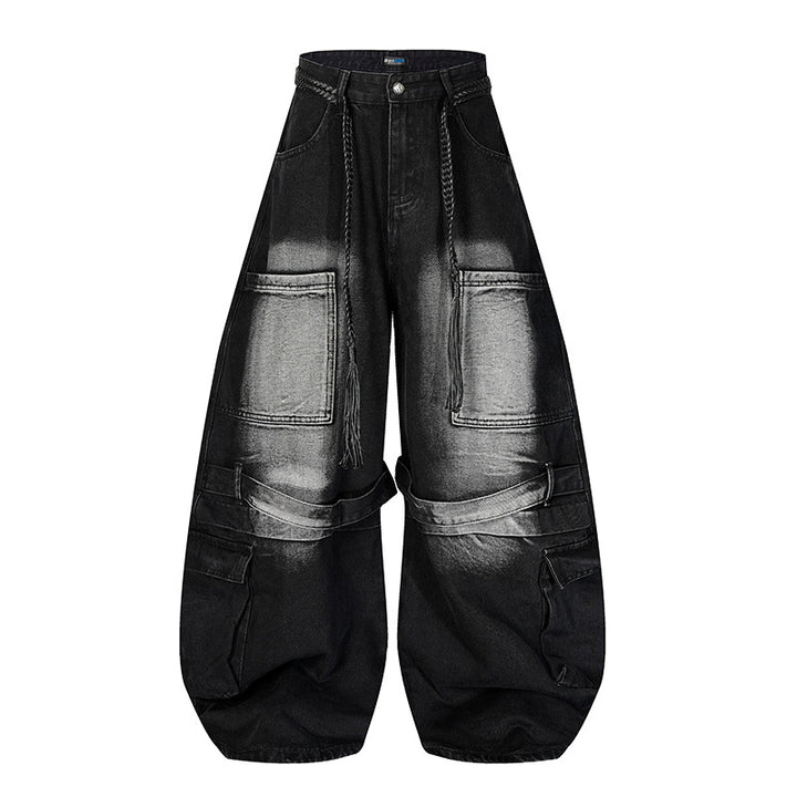 Damen Weite Denim-Cargo-Hose im Balloon-Schnitt mit großen Aufsatztaschen und geflochtenem Gürtel Echoarchiv