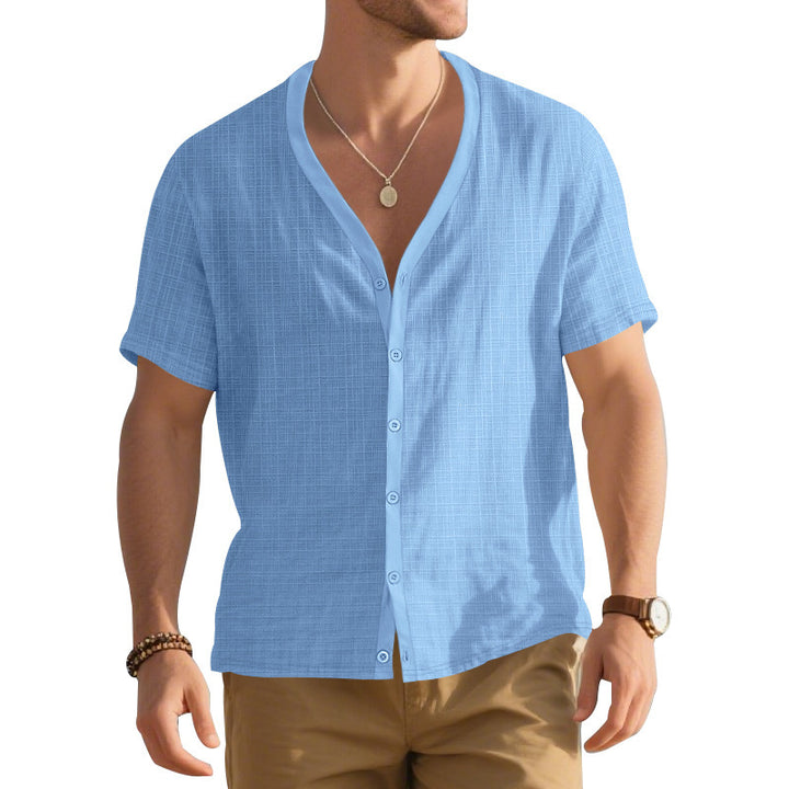 Herren Kurzarm-Henley-Hemd mit modischem V-Ausschnitt und strukturiertem Design Echoarchiv