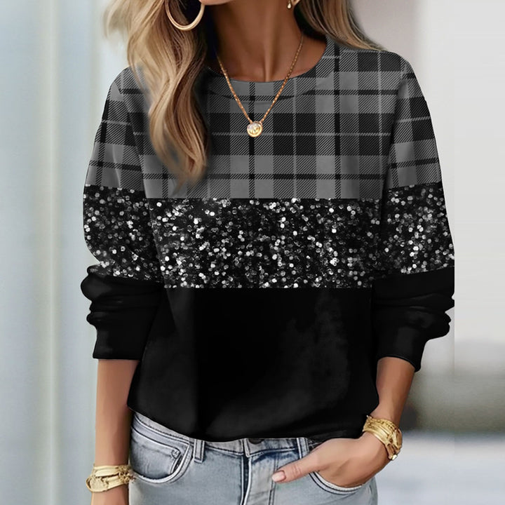 Damen Sweatshirt mit Karomuster, Pailletten-Band und lockerem Saum – Avérine