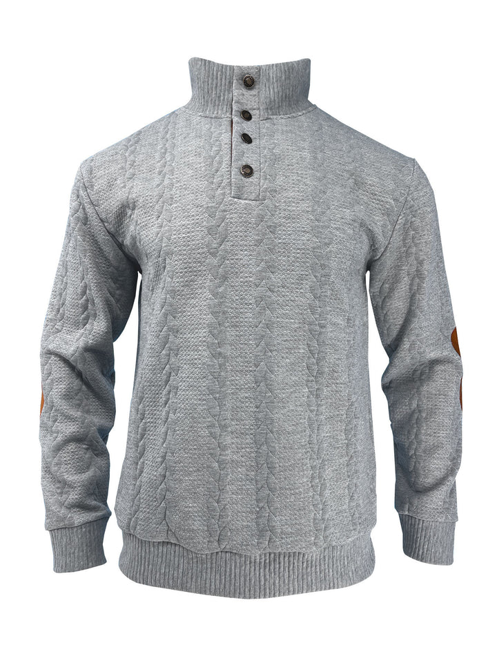 Herren nan lässiger Zopfstrickpullover mit verstärkter Knopfleiste und Wildleder-Ellenbogenpatches Echo Archiv