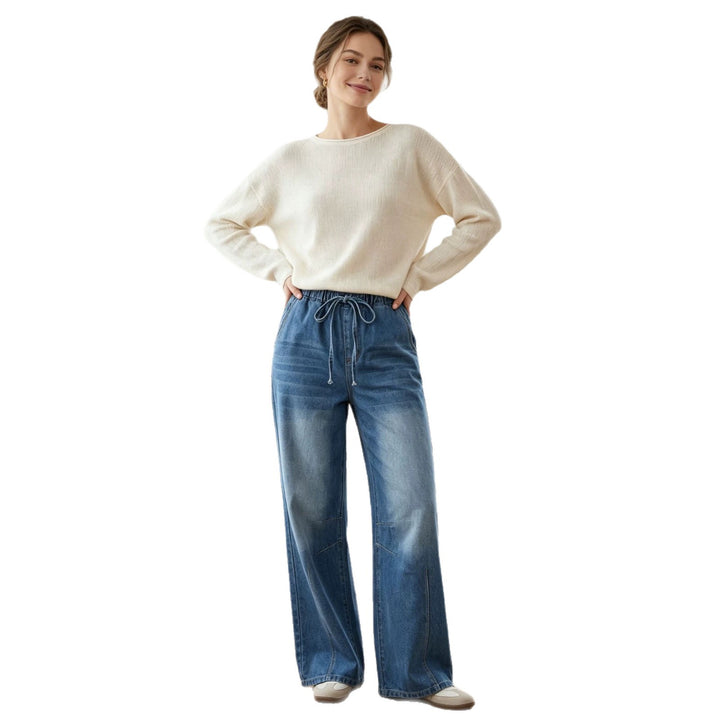 Damen nan Relaxed-Fit Denim-Hose mit elastischem Tunnelzugbund, dezentem Used-Effekt und weitem Bein Echo Archiv