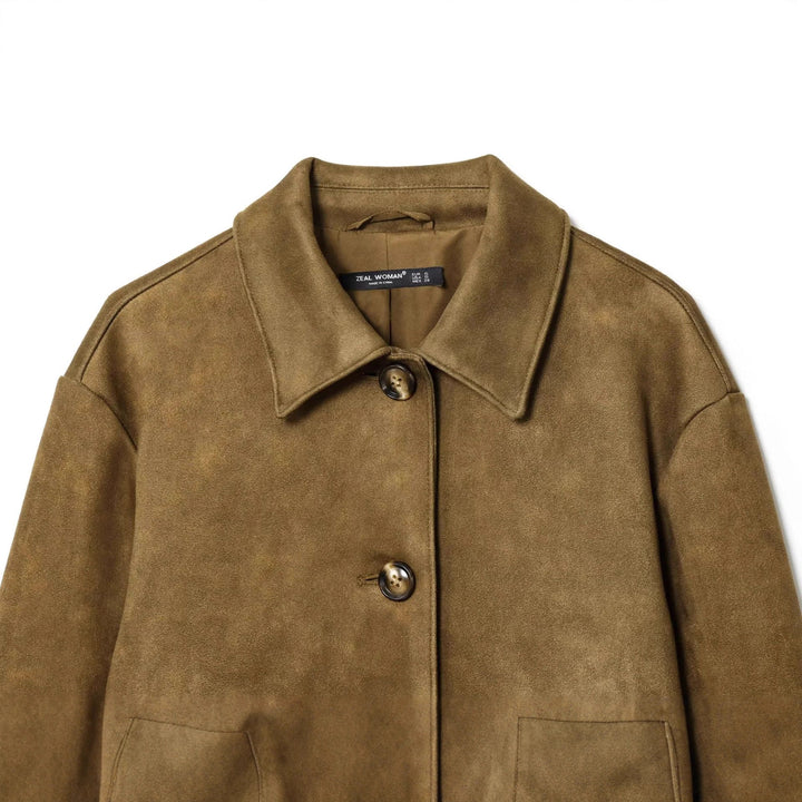 Damen kurzgeschnittene Veloursimitat-Übergangsjacke mit Hemdkragen und verdeckter Knopfleiste – Célinea