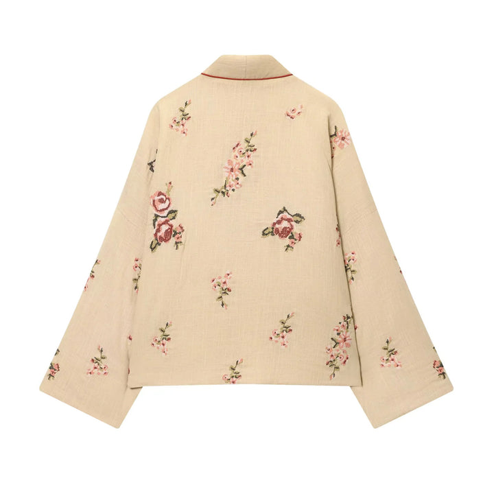 Damen bestickte Kimono-Jacke mit floraler Stickerei, Kontrastfutter und Bindegürtel – Célinea