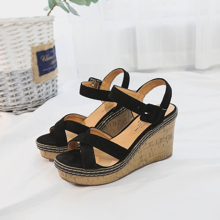 Damen nan Keilabsatz Sandalen mit Korkplateau verstellbarem Knöchelriemen aus Veloursleder Echo Archiv