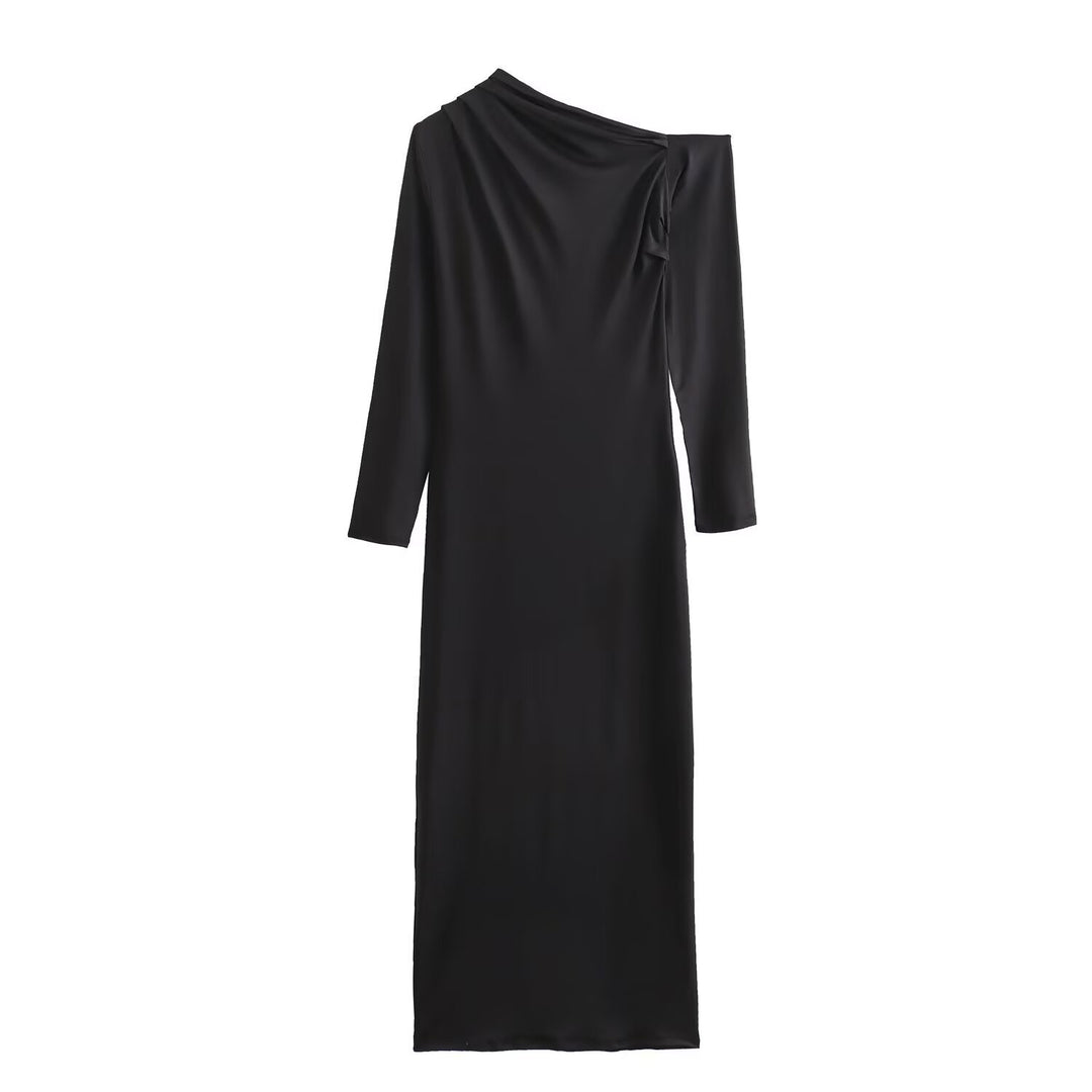 Damen Asymmetrisches One-Shoulder Maxikleid mit langem Ärmel Echoarchiv