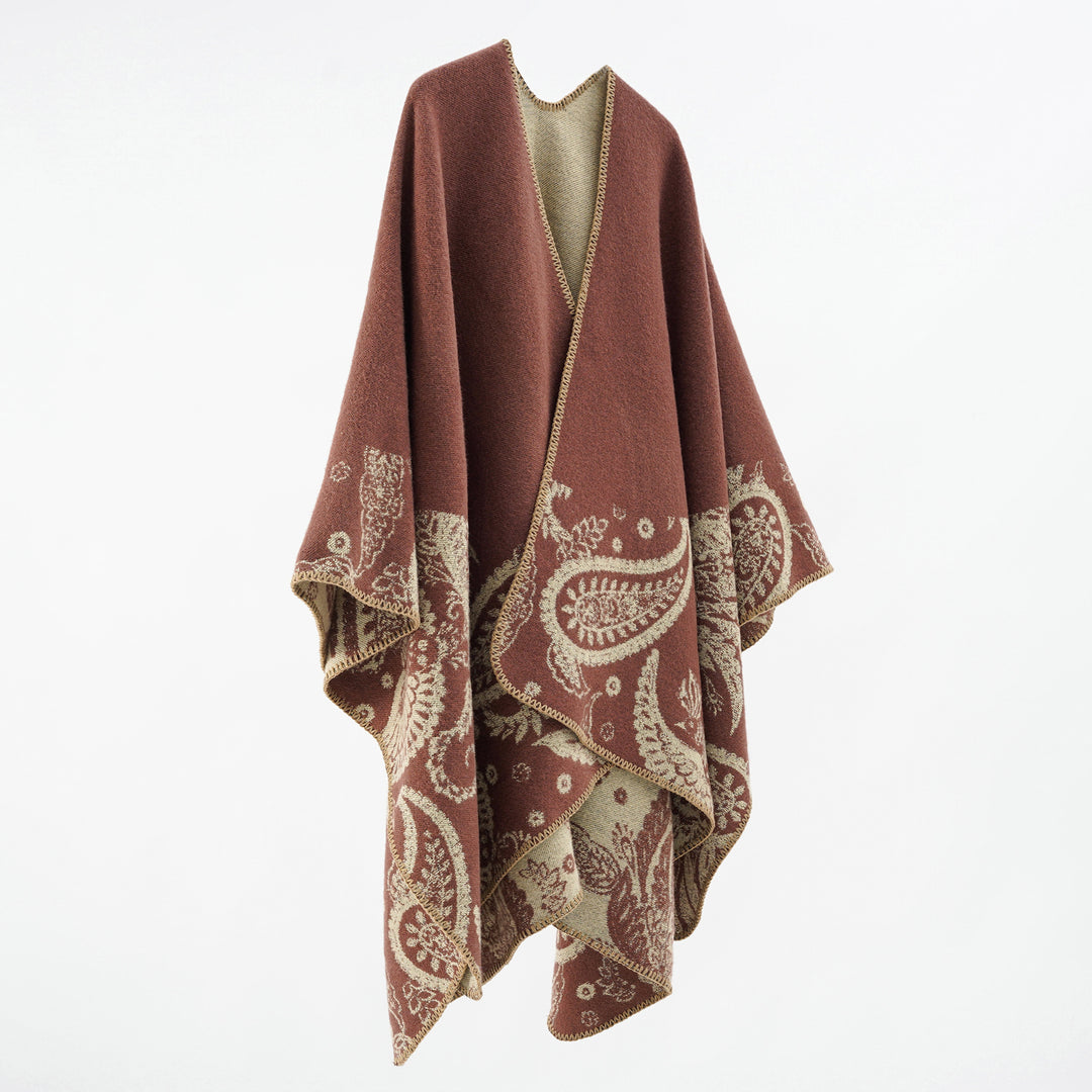 Damen Feines Woll-Cape im Überwurfstil mit kontrastierender Border-Jacquard – Avérine