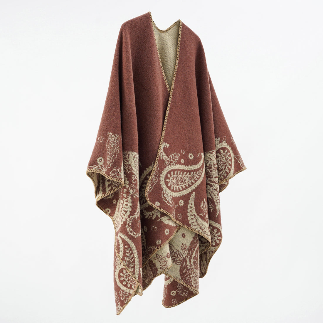 Damen Wollmix-Wendecape mit Paisley-Jacquard und offenem V-Ausschnitt – Montévia