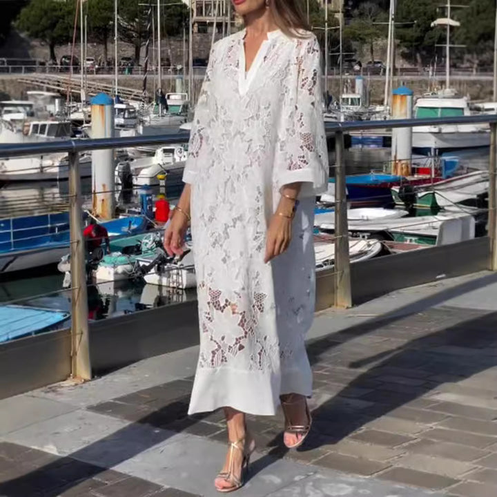 Damen nan luftiges Spitzen-Maxikleid mit floraler Ajourstickerei, lockerem Kimonoärmelschnitt und leichtem Unterkleid Echo Archiv