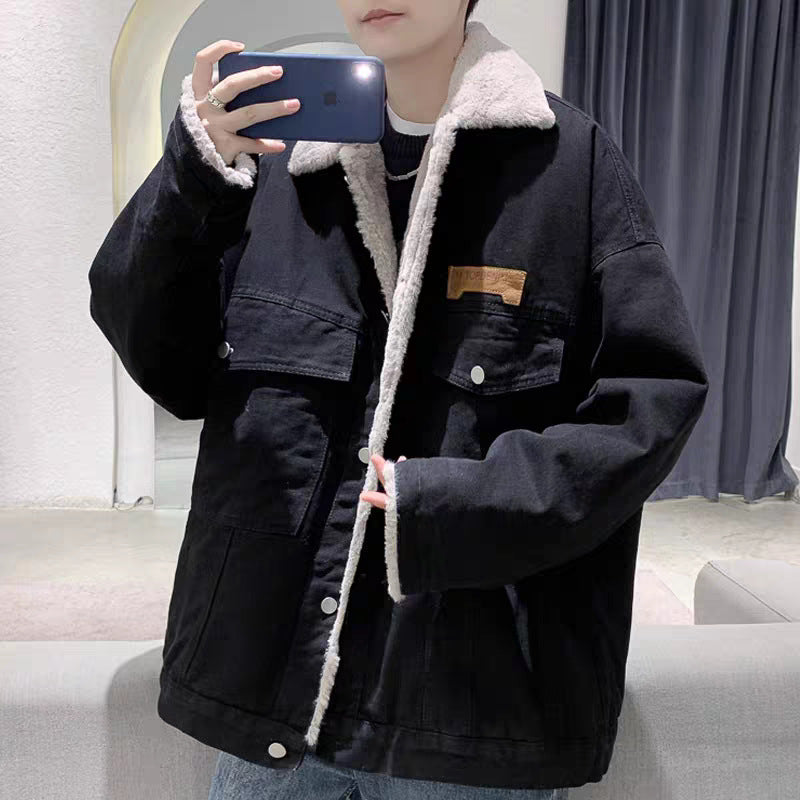 Herren Gefütterte Oversized Denimjacke mit Teddyfutter und Pattentaschen Echoarchiv