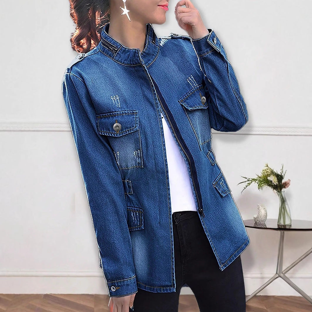 Damen taillierte Denim-Jacke im Military-Style mit Stehkragen und Pattentaschen Echo Archiv