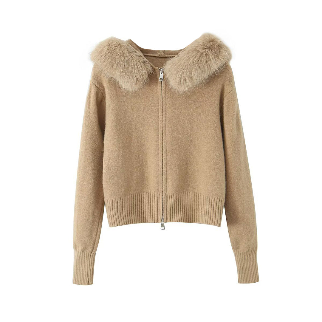 Damen Kurzgeschnittene Strickjacke mit Reißverschluss und abnehmbarem Kunstfellkragen Echoarchiv
