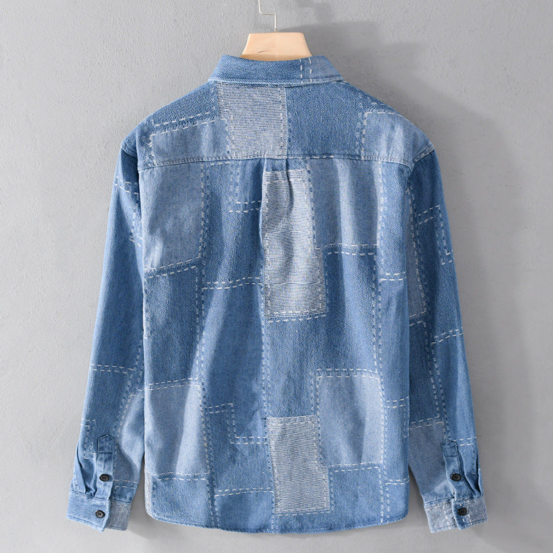 Herren Patchwork-Hemdjacke aus strukturiertem Denim mit sichtbarer Naht und Brusttasche Echoarchiv