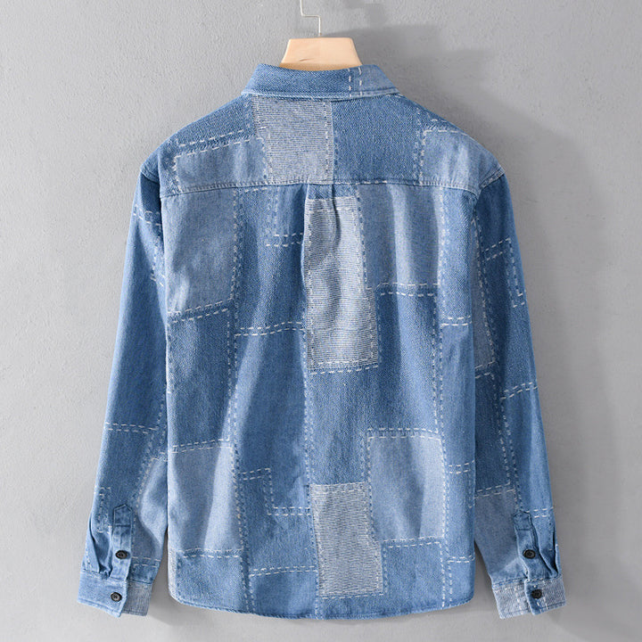 Herren Patchwork-Hemdjacke aus strukturiertem Denim mit sichtbarer Naht und Brusttasche Echoarchiv