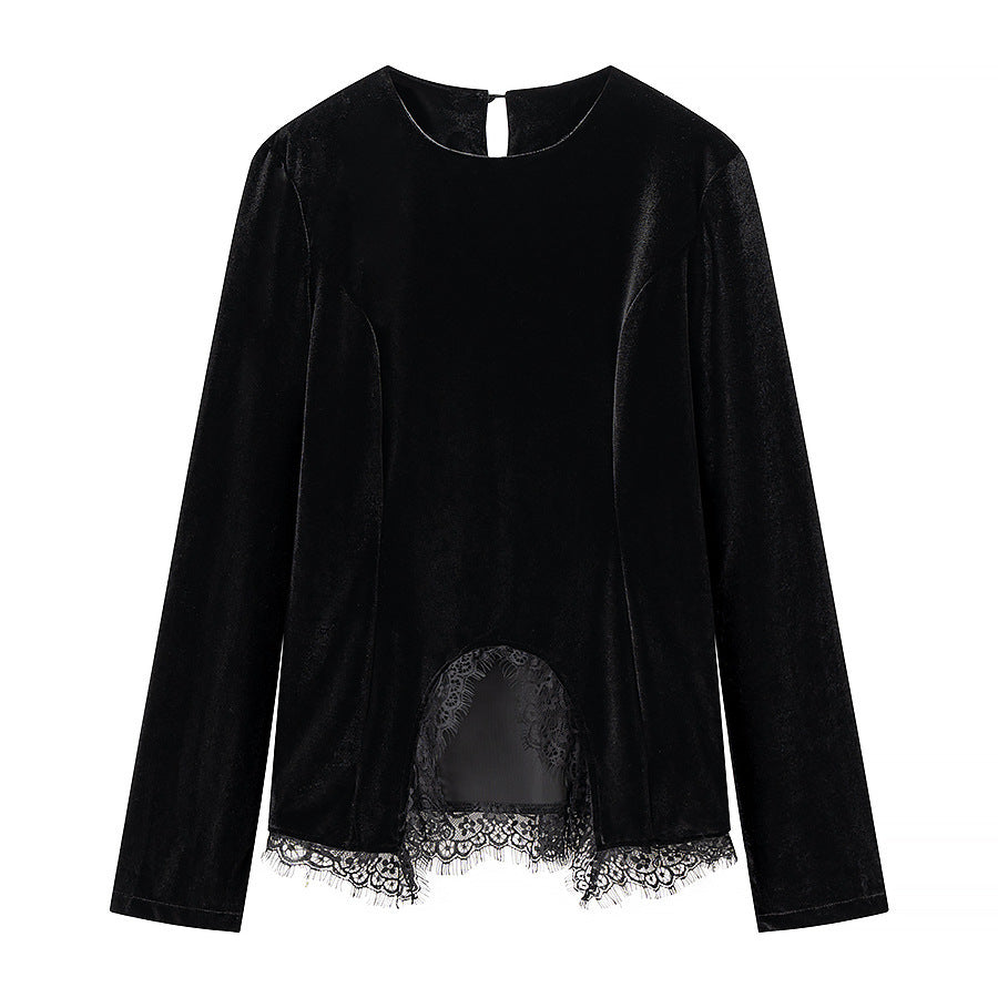Damen Samt-Langarmshirt mit Spitzenbesatz und gewölbtem Saum Echo Archiv