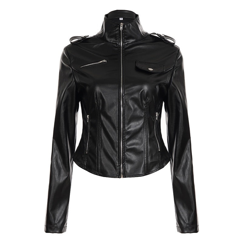 Damen Taillierte Kunstlederjacke mit Stehkragen, Schulterklappen und Reißverschlusstaschen Echo Archiv