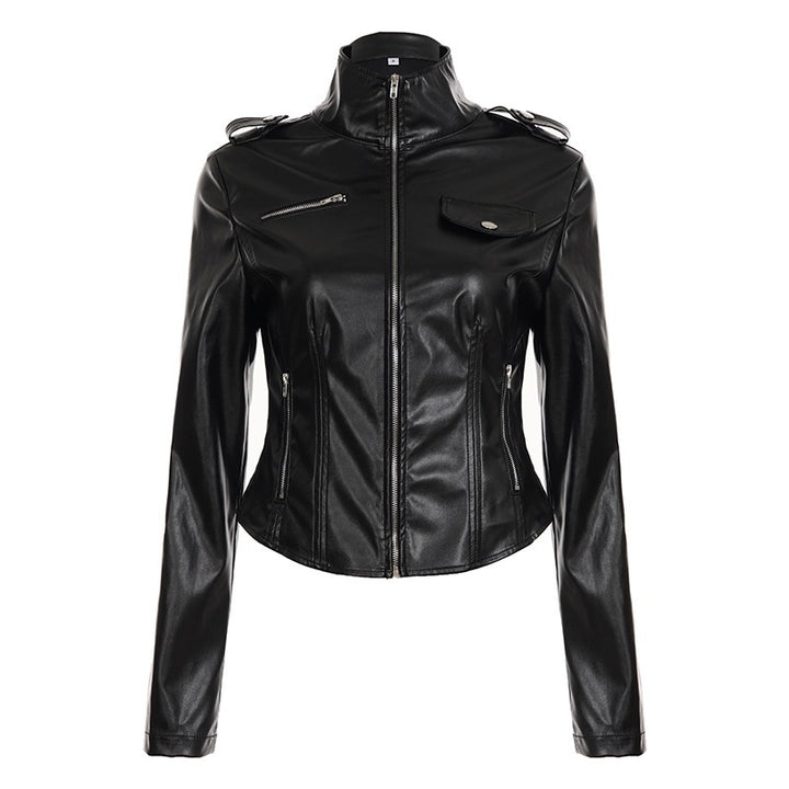 Damen Taillierte Kunstlederjacke mit Stehkragen, Schulterklappen und Reißverschlusstaschen Echo Archiv
