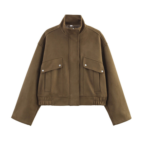 Damen kurzes Blouson mit Stehkragen, aufgesetzten Klappentaschen und elastischem Saum – Célinea