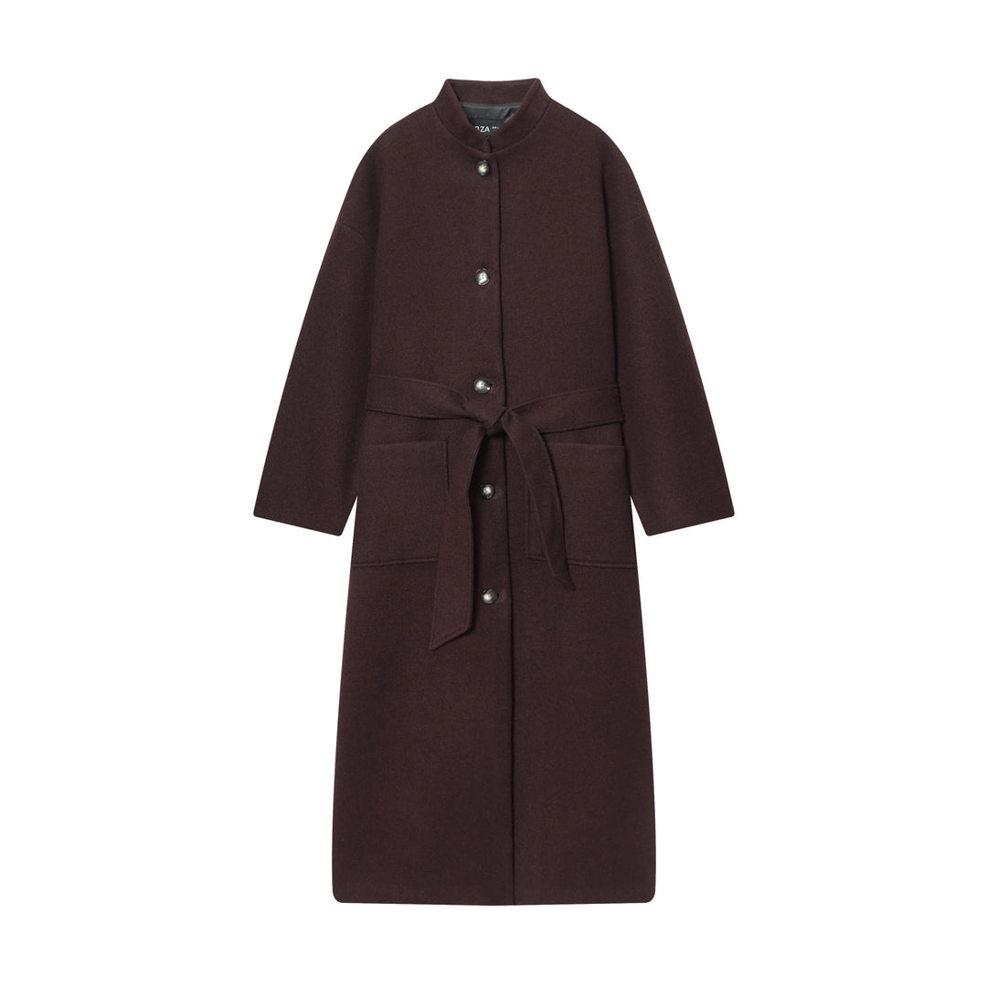 Damen langer Wollmantel mit Stehkragen, Druckknopfleiste, Bindegürtel und aufgesetzten Taschen – Montévia