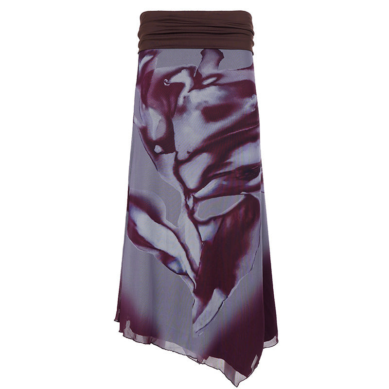 Damen Asymmetrischer Lagen-Chiffon-Maxirock mit Umschlagbund und Aquarellprint – Valéora