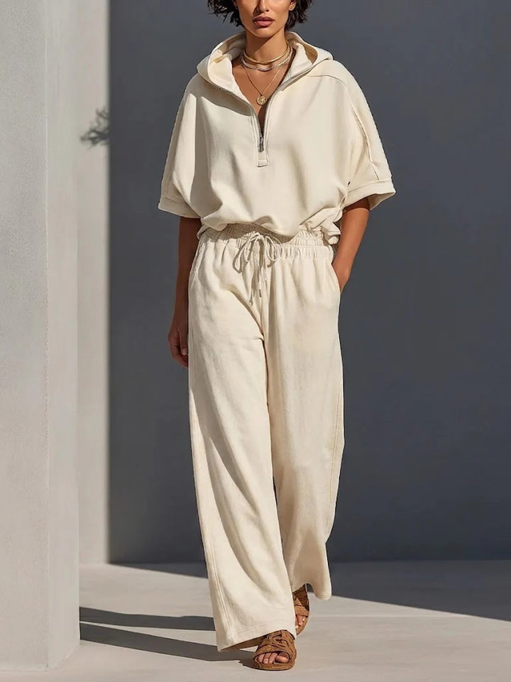 Damen Lässiges Lounge-Set mit Kapuzenpullover mit halbem Reißverschluss und weiter Palazzohose Echoarchiv