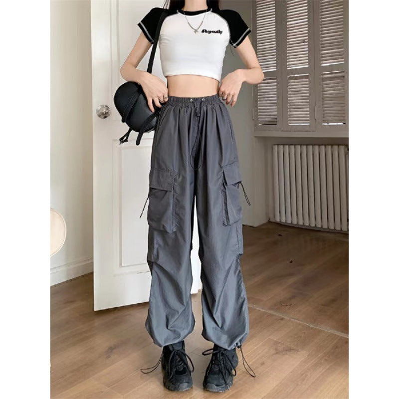 Damen Cargo-Hose mit hoher Taille, Elastikbund, großen Klappentaschen und Kordelzug – Avélisse