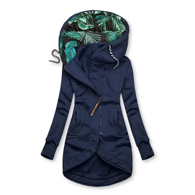 Damen asymmetrische Parka mit gefütterter tropischer Druckkapuze – Célinea