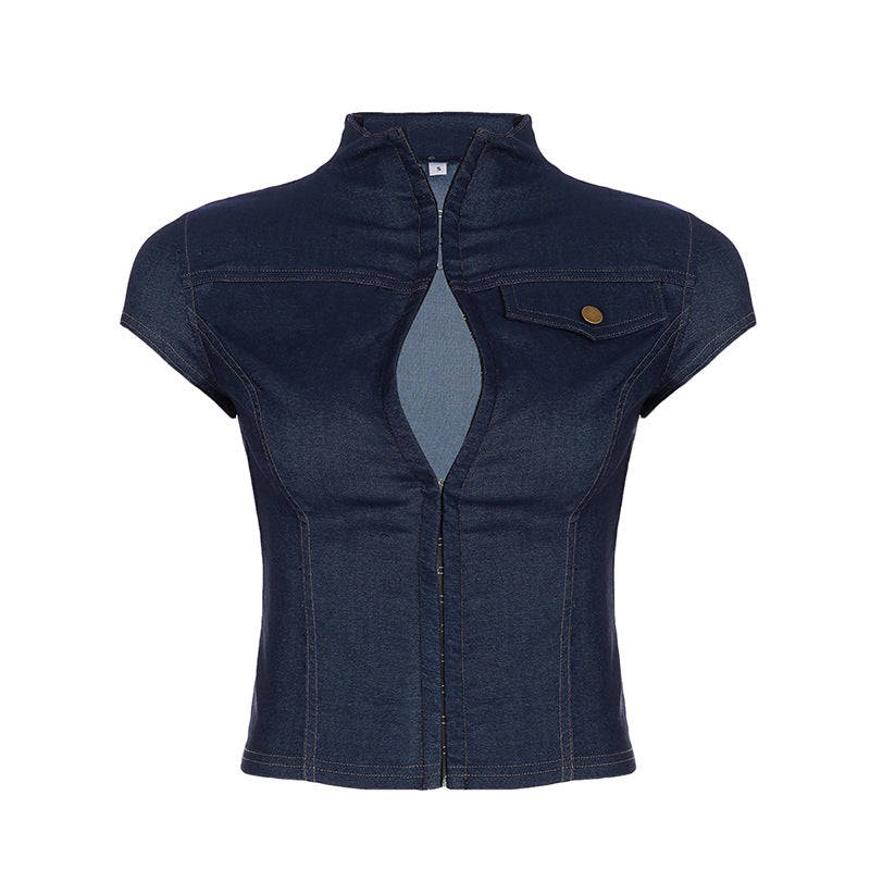 Damen modisches Kurzarm-Jeanshemd mit elegantem Kragen und Knopfdetails Echo Archiv