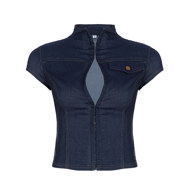 Damen modisches Kurzarm-Jeanshemd mit elegantem Kragen und Knopfdetails Echo Archiv