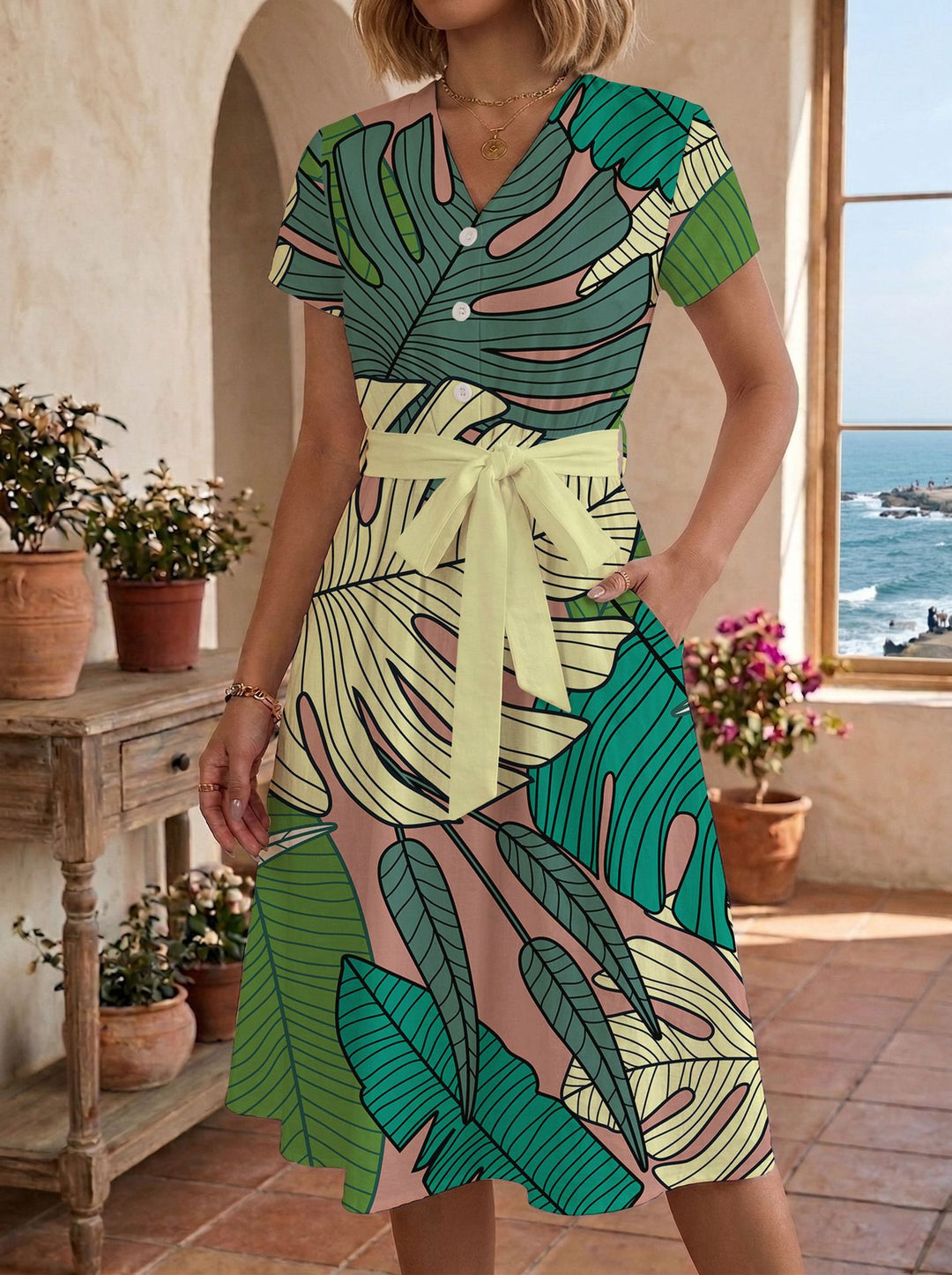 Damen lässiges Maxikleid mit taillierbarem Knoten und dekorativem Karomuster Echo Archiv