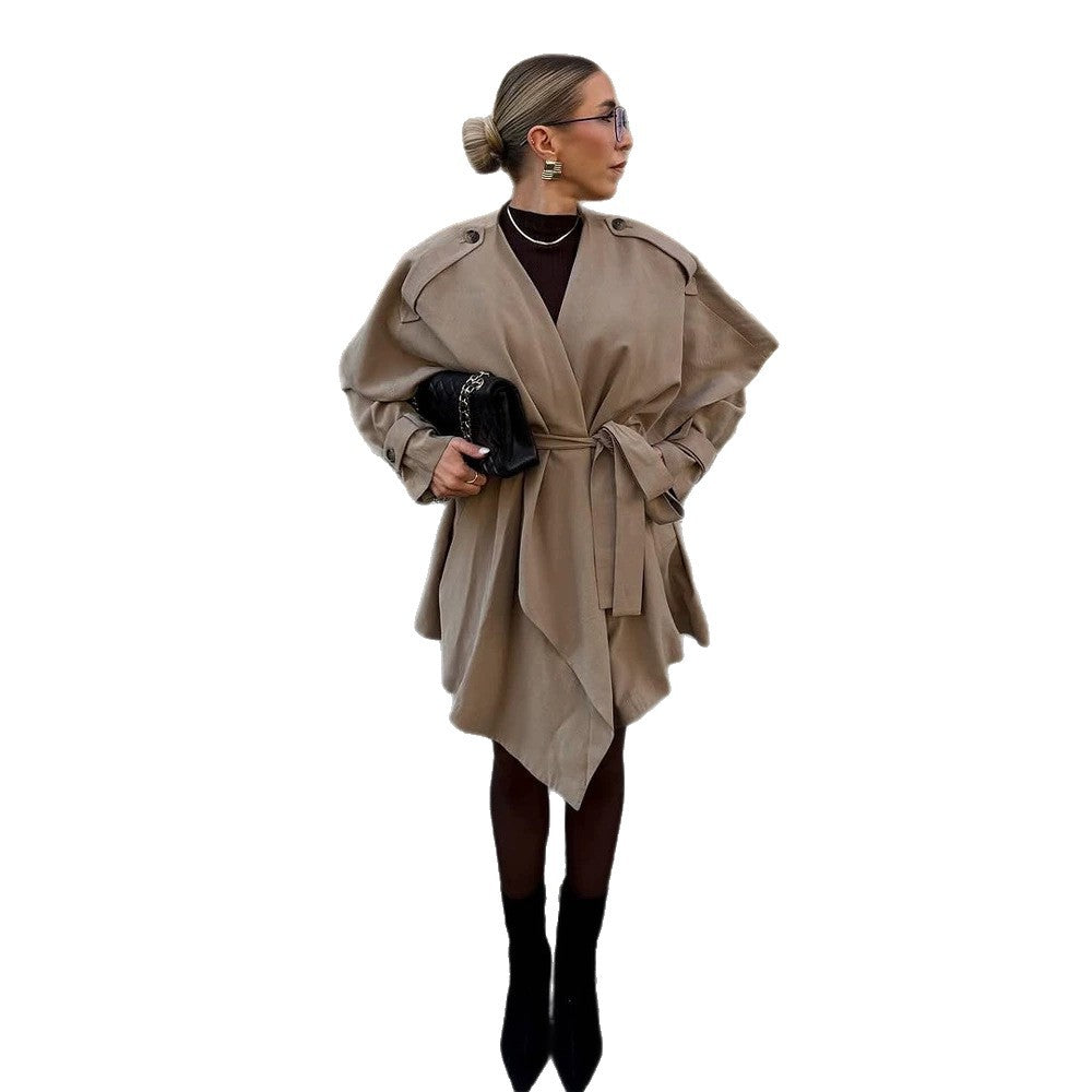 Damen Kurzer Asymmetrischer Wickelmantel mit Volant-Overlay und Bindegürtel Echoarchiv