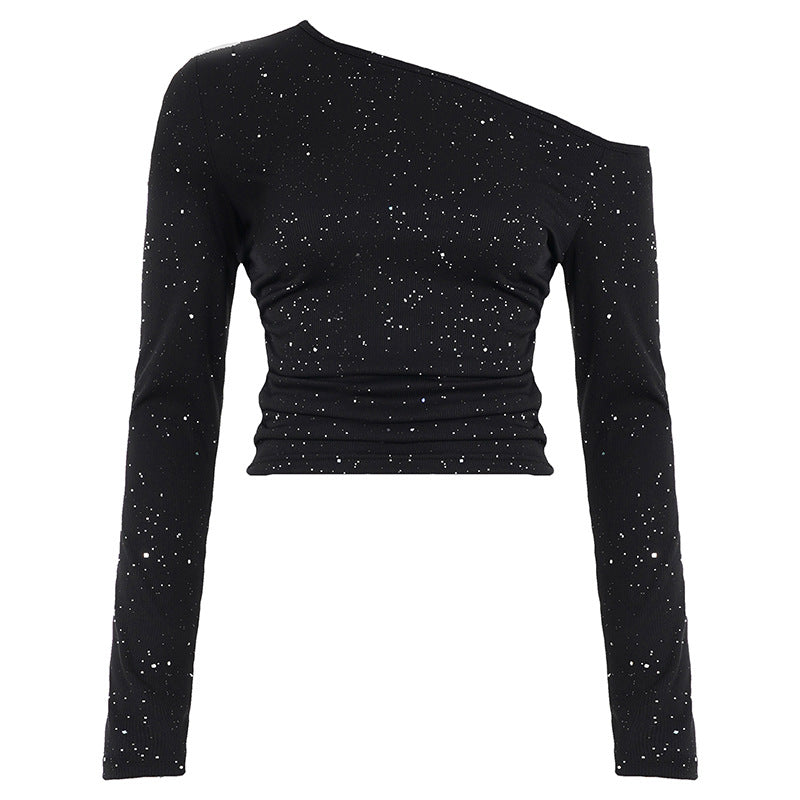 Damen Ein-Schulter Cropped-Top mit Rippstruktur und Glitzerbesatz Echo Archiv