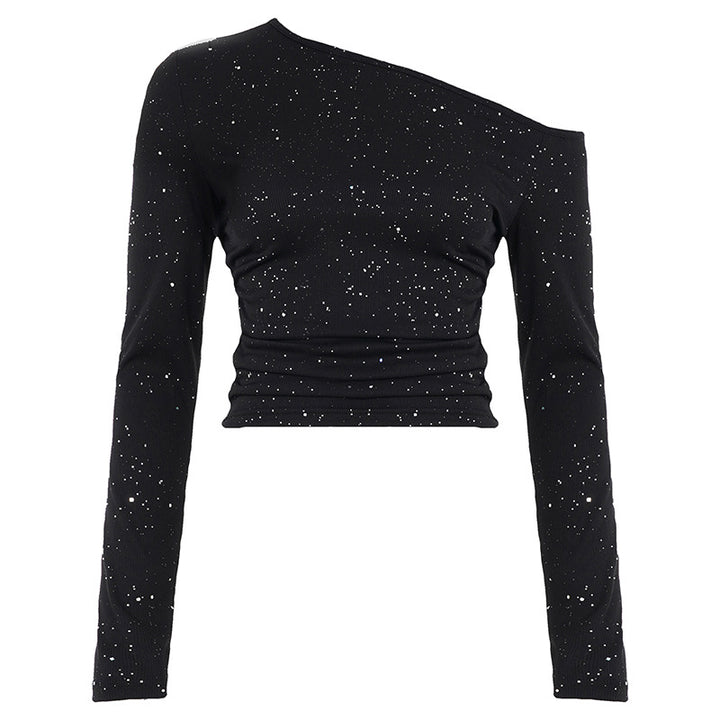 Damen Ein-Schulter Cropped-Top mit Rippstruktur und Glitzerbesatz Echo Archiv