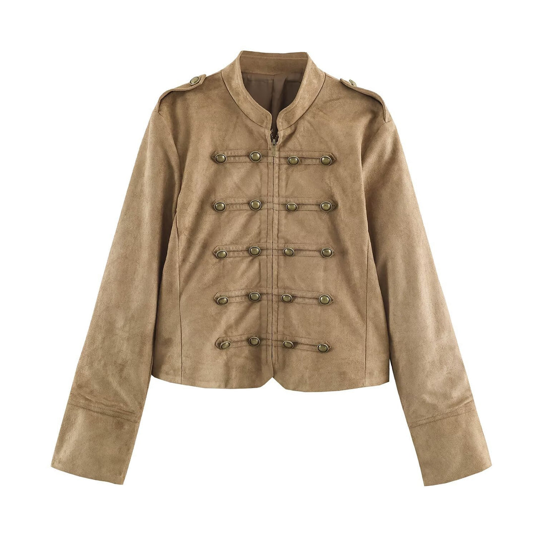 Damen kurz geschnittene Kavallerie-Jacke aus Wildlederoptik mit Zierknopfleiste und Schulterpatten Echo Archiv
